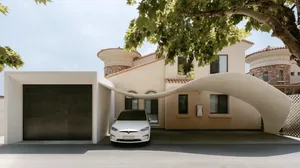 A serene exterior view of a modern house with a white car parked in front, featuring a clock on the wall and two windows on the house