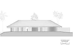 A 3d rendered house with a white exterior, a patio area, and a serene atmosphere