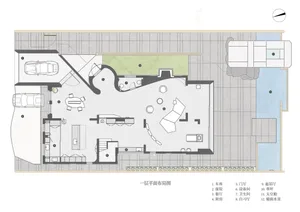 2D floor plan of a modern home with various rooms, clean and organized layout, and open spaces