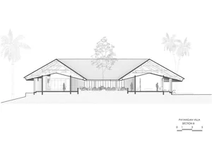 Architectural rendering of a modern building with a central tree and potted plants, surrounded by three people