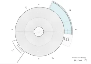 Architectural drawing of a modern museum with a large white dome and various rooms and spaces, featuring clean lines and minimalistic design elements