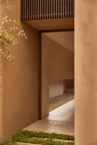 A calm and inviting hallway with a wooden floor, concrete walls, and two potted plants near the entrance