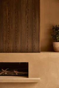 Cozy living area with a wooden fireplace mantel, stone surround, and a potted plant adding a touch of greenery