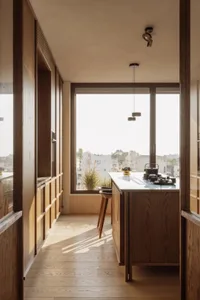 Open living area with wooden cabinets, natural light, and potted plants, featuring a dining table and chairs