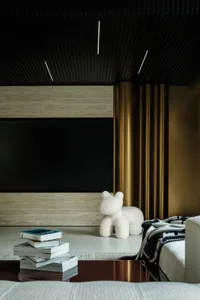 Cozy living space with a flat screen TV, couch, books, and a chair, with a warm and inviting atmosphere