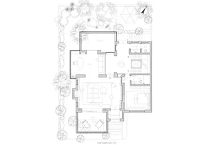Architectural rendering of a modern home with a living room, dining area, kitchen, and bedroom, featuring a well-designed layout and modern furniture
