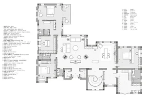 2D floor plan of a house with modern and traditional design elements, well-lit with natural and artificial light