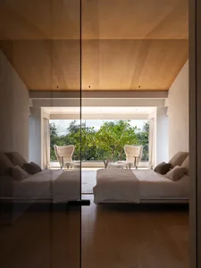 A modern living area with two beds, chairs, and potted plants on a hardwood floor, filled with natural light from windows