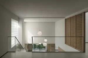 Empty white room with a staircase and glass chandeliers, minimalist and clean atmosphere