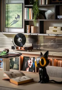 A cozy living room filled with books, a cat statue, and a record player, with a large bookshelf in the background and a vase near the center, reflecting the occupant's interests and personal touches
