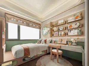 Cozy bedroom with a bed, desk, and bookshelf, featuring a pink chair, books, and a vase, creating a warm and inviting atmosphere