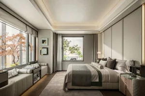 Elegant bedroom with a large white bed, striped blanket, two couches, three chairs, a clock, and a vase, creating a comfortable and inviting atmosphere