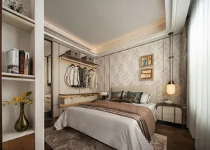 Elegant bedroom with a large bed, two nightstands, and a dresser, featuring a sophisticated design and wooden furniture