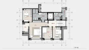 Architectural rendering of a two-story house with modern and traditional elements, white walls, and furniture in the living room and other areas