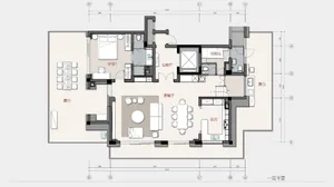 3D architectural rendering of a modern home with a kitchen, dining area, bedrooms, and living room, featuring clean lines and minimalistic decoration
