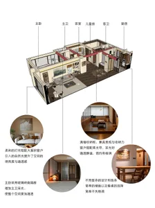 A Chinese home with a cozy atmosphere, featuring a living area, bedroom, dining area, and kitchen with various furniture and decorative elements