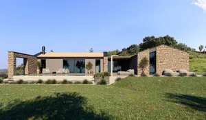 A modern house with a stone facade, a large window, and a patio area with potted plants, set against a clear blue sky