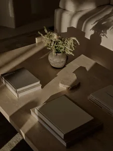 舒適客廳區域，配有茶几上擺放數本書與花瓶，營造溫暖親切的閱讀氛圍