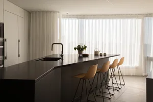 Sleek and contemporary kitchen with a black countertop island, modern chairs, and potted plants