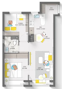 Cozy Asian-style living space with a bedroom, bathroom, kitchen, dining room, and living room, featuring a couch, chair, bed, toilet, sink, refrigerator, and oven, with a warm and inviting atmosphere
