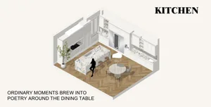 A rendered kitchen and dining area with wooden flooring, multiple chairs around a dining table, and a sink in the kitchen