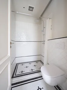 A bathroom with a toilet in the corner, black tile flooring, and two showerheads on either side for easy access