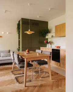 Open living area with wooden cabinets, a wooden dining table, and potted plants, featuring a mix of natural and artificial light sources