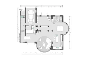 A modern home interior with a living room, dining area, kitchen, and bedroom, featuring clean lines, minimalistic elements, and natural light from windows