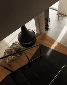 A wooden staircase with a black railing leads to a basement area, with a dog looking up from the bottom step