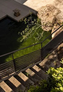 A rendered scene of a staircase leading to a pool area with a tree in front, surrounded by a relaxing and inviting environment