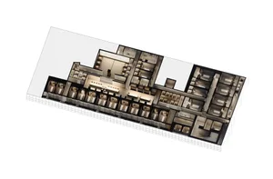 A modern hotel floor plan with multiple rooms and hallways, featuring concrete and steel construction, natural and artificial lighting, and a focus on functionality and efficiency