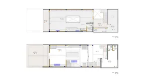 Black and white floor plan of a house with clear room outlines, labels, and a staircase, showcasing a minimalistic and functional layout