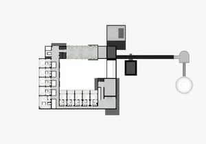 Large modern building floor plan with room outlines, labels, measurements, and symbols, featuring a white building with concrete and steel materials