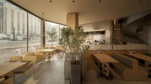 A modern restaurant with a large dining area filled with natural light, wooden elements, and potted plants, creating a warm and inviting atmosphere