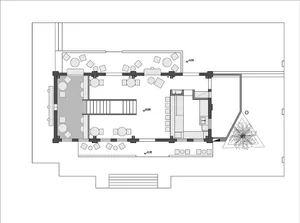 2D floor plan of a modern restaurant with a large dining area, room outlines, labels, and measurements