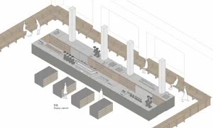 Detailed floor plan of a modern restaurant with a large dining area, kitchen, and high-quality materials