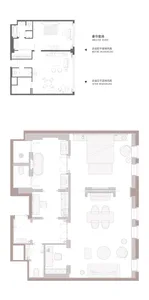 2D floor plan of a modern room with furniture, labels, and measurements, featuring a clean and minimalist design with predominantly white materials