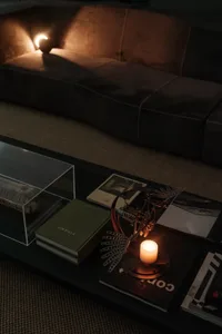 Cozy living room with a modern style, featuring a couch, coffee table, fireplace, books, and a candle
