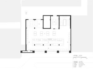 A modern restaurant floor plan with a large room featuring a dining area, chairs, and tables, with a clean and minimalist design and predominantly white materials