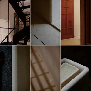 A collage of architectural elements including a staircase, door, sink, and window, showcasing a residential space with modern materials and natural lighting