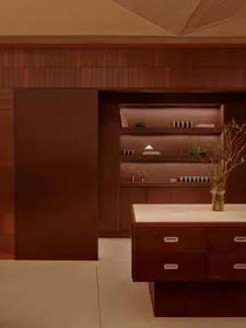 Bathroom with a wooden cabinet, marble counter, and a vase of flowers, set against a brown color scheme with a potted plant and dim lighting