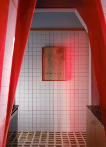 Modern bathroom with a red curtain covering a doorway, a picture on the wall, a tiled floor, and a sink, creating a warm and inviting atmosphere