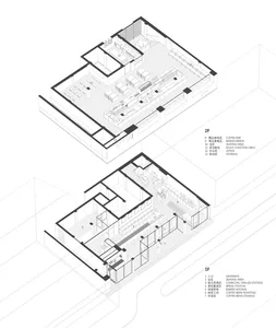 Black and white drawing of a minimalist building floor plan with a large room and several smaller rooms, featuring a staircase and linework