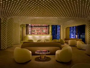 A modern bar and lounge area with a well-stocked bar, comfortable seating, and dim lighting, featuring potted plants and a cozy atmosphere