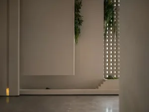 A calm and inviting living room or hallway with a white wall, staircase, and a potted plant adding a touch of greenery