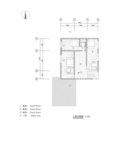Black and white floor plan of a house with clear labels and measurements, divided into guest room, bathroom, and living room