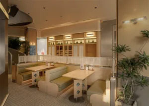 A modern restaurant interior with wooden elements, soft warm lighting, and tables surrounded by chairs and bottles