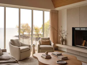 舒適的客廳，地板是木地板，窗戶很大， fireplace，和各種家具，非常明亮的自然光線