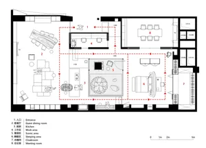 2D top-down floor plan of a modern house with clean lines, minimalistic design, and predominantly white materials, featuring a living room, dining room, kitchen, and bedroom