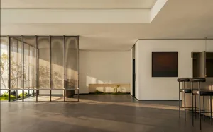 A modern room with a white color scheme, natural light, a bench, and a potted plant